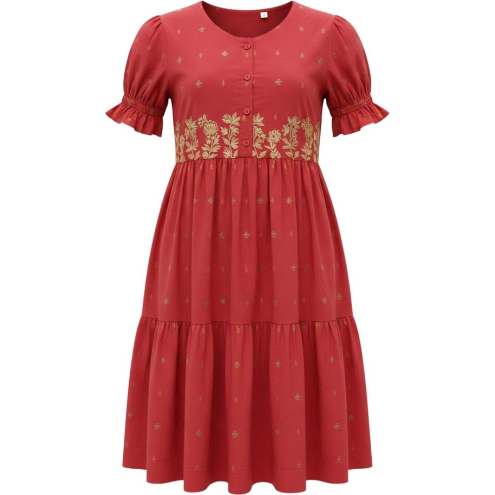 Utsa Kids Girls Red Gold Floral Embroidered Tiered Cotton Dress Size 9-10Y